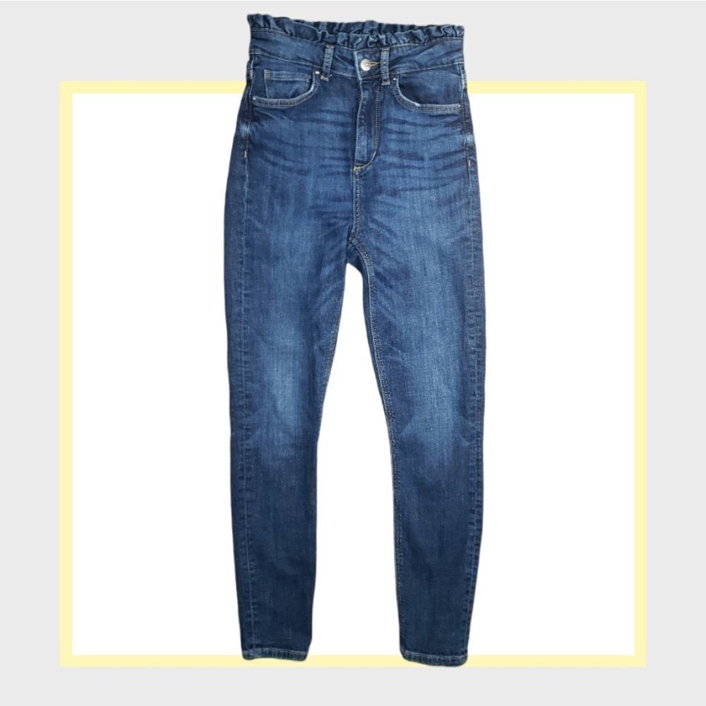 zara basics z1975 denim high rise ruffle waist ankle jeans size 2